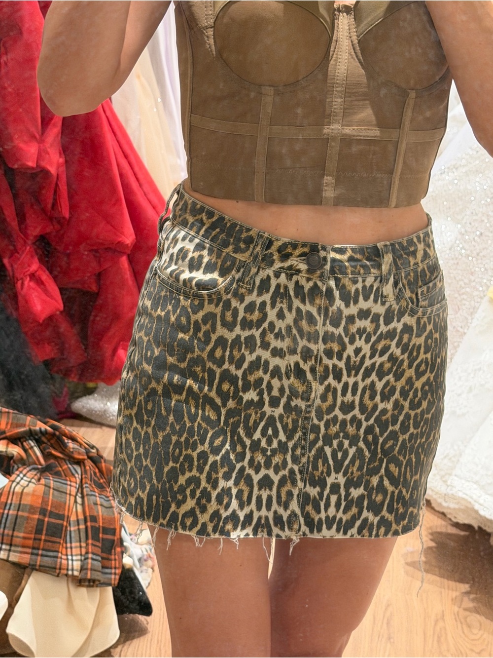 Leopard Print Denim Mini Skirt - Brown/Black